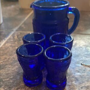 Miniature Elegant Blue Glass Pitcher and Shot Glass Set cobalt blue